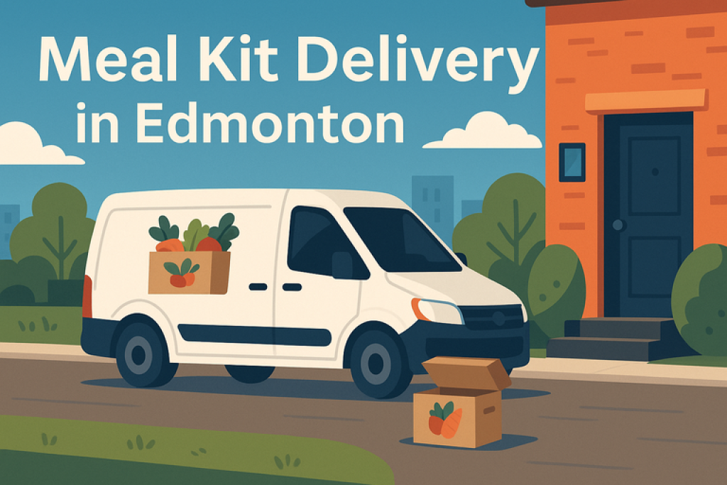 A delivery van dropping off fresh meal kits in a residential neighborhood in Edmonton, highlighting convenient meal delivery services in Canada.