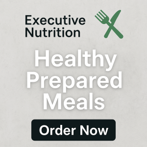 Promotional banner for Executive Nutrition Canada featuring logo, call-to-action for keyword meal delivery Kingston