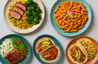 A colorful display of four plated Goodfood Canada meals, featuring dishes like steak with broccoli and rice, penne pasta with sauce, teriyaki salmon with green beans and rice, and tacos with avocado, corn salsa, and diced vegetables