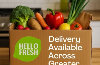 HelloFresh meal in a Toronto kitchen with a delivery box and fresh ingredients on the table. Text overlay reads: 'HelloFresh Toronto – Shipping available within the Greater Toronto Area
