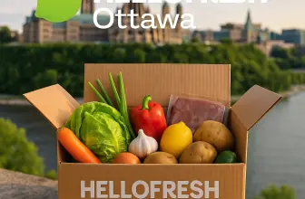 HelloFresh Ottawa delivery box with fresh produce in foreground and Parliament Hill in cityscape background