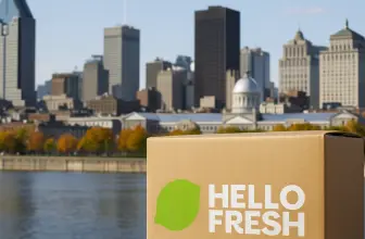 HelloFresh Montreal delivery box with city skyline in the background